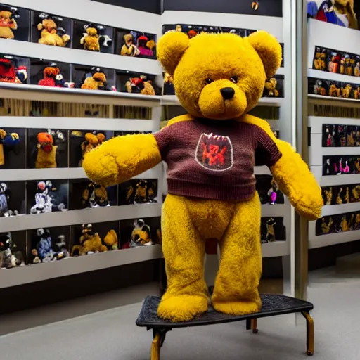 Image similar to a ( ( ( ( muscular yellow teddy bear ) ) ) proudly standing in front of his nfts collection!!!! 4 k photo