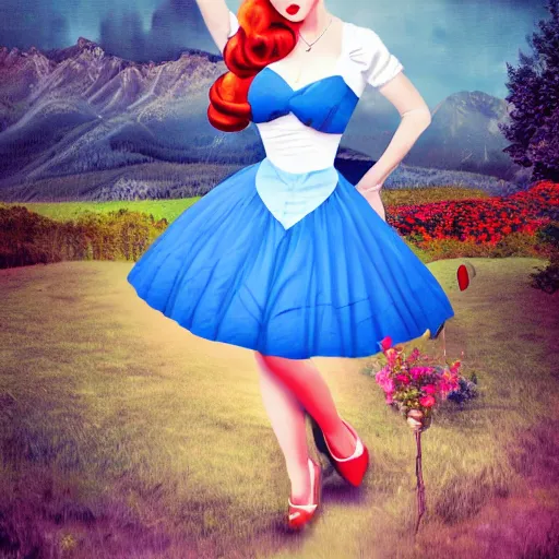 Prompt: giant alice in wonderland, pin up, houses, trees, mountains, woman, city, digital art, photo, blue dress, photoshop, flowers