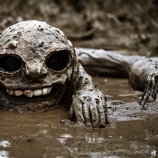 Prompt: something dead and rotten and grinning clawing its way through the mud, eyes bulging grotesquely, horror, photography