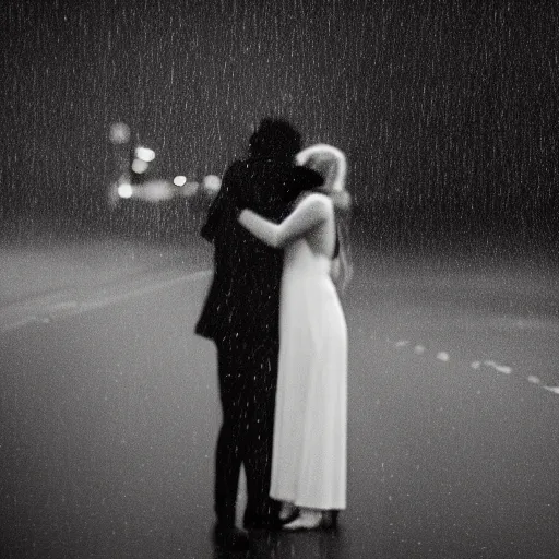 Image similar to an emotional dark picture of two shadowy figures hugging each other, it is raining heavily, 35mm, motion blur