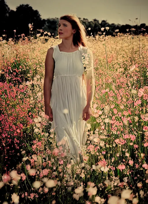 Image similar to a woman in a long flowing white dress in a field of wildflowers in the afternoon, flash polaroid photo by george hurrell, hazy light rays, golden hour