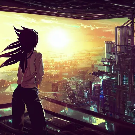 Prompt: android mechanical cyborg anime girl overlooking overcrowded urban dystopia. long flowing realistic hair. gigantic future city. pitch black night. raining. makoto shinkai. wide angle. distant shot. dark and dreary. solar eclipse.