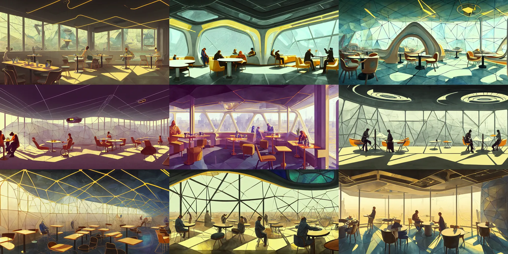 Image similar to a beautiful illustration of futuristic cafe interior, big medium small, sacred geometry, golden ratio, in watercolor gouache detailed paintings, in style of syd mead, trending on artstation, 8 k, panel, hard surface, vent, zaha hadid, props, plant, cozy, decoration around the room, simon stalenhag, deus ex