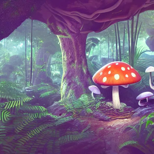 Prompt: Intricate detailed illustration, A small sentient and happy mushroom frolicking in a lush tropical jungle, 🍄 , cinematic lighting, by Philip Hood, wide angle, volumetric light scattering, 8k, artstation, concept art,