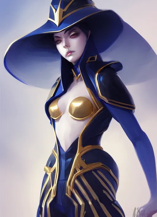 Image similar to beautiful and cool female dark magician, wide angle view, black, white, gold, blue colors, shiny, highly detailed, artgerm, cushart krenz, artstation, soft light, sharp focus, illustration, character design, concept art