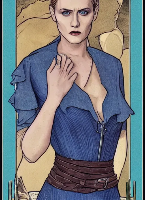 Image similar to tarot card of dolores ( evan rachel wood ) from westworld, beautiful portrait, steelblue dress, elegant, clear clean face, sam guay style