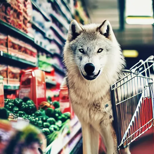 Prompt: anthro Canis lupus arctos arctic wolf werewolf man buying groceries at supermarket professional photo