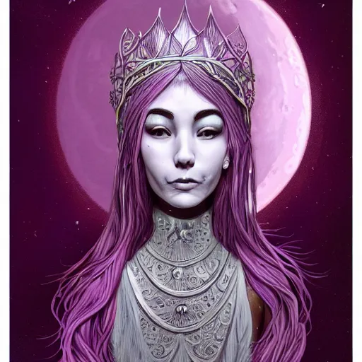 Prompt: portrait of hannah fierman as young slim smiling prophetess of the moon, silver filigree armor and tiara, moon above head, purple hair, translucent skin, striking eyes, beautiful! coherent! by brom, by junji ito, strong line, high contrast, muted color