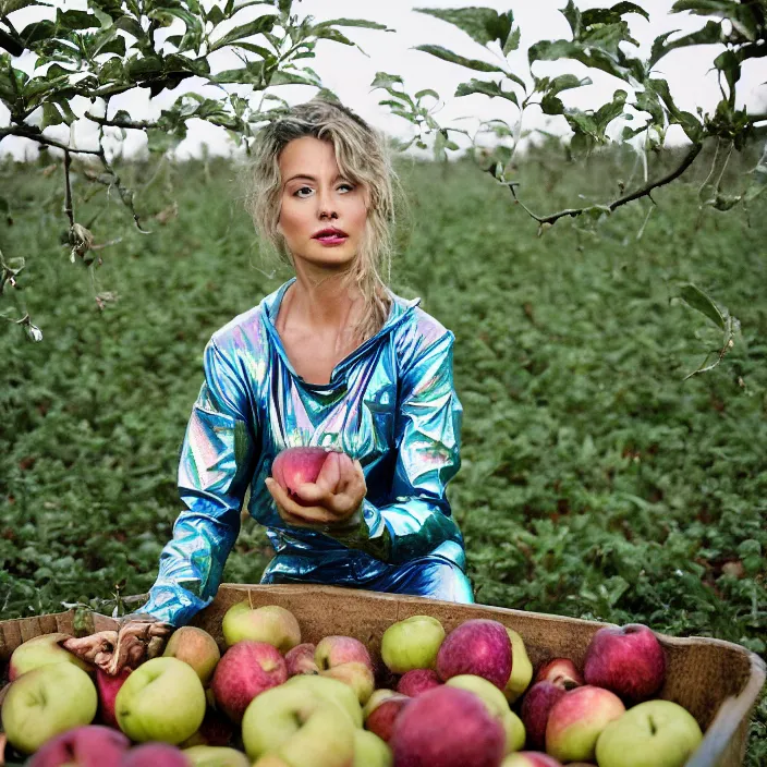 Image similar to a closeup portrait of a woman wearing a muddy iridescent holographic spacesuit, picking apples from a tree in an orchard, foggy, moody, photograph, by vincent desiderio, canon eos c 3 0 0, ƒ 1. 8, 3 5 mm, 8 k, medium - format print