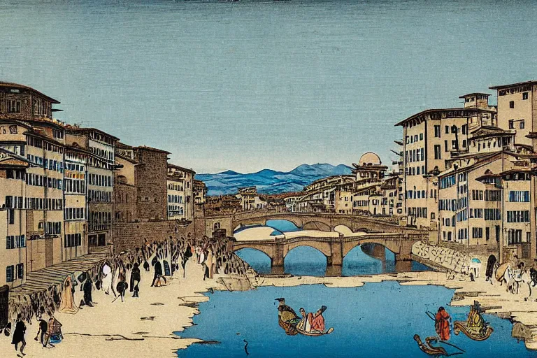 Image similar to florence old street in 1 6 th century with a tower in background by hiroshige utakawa