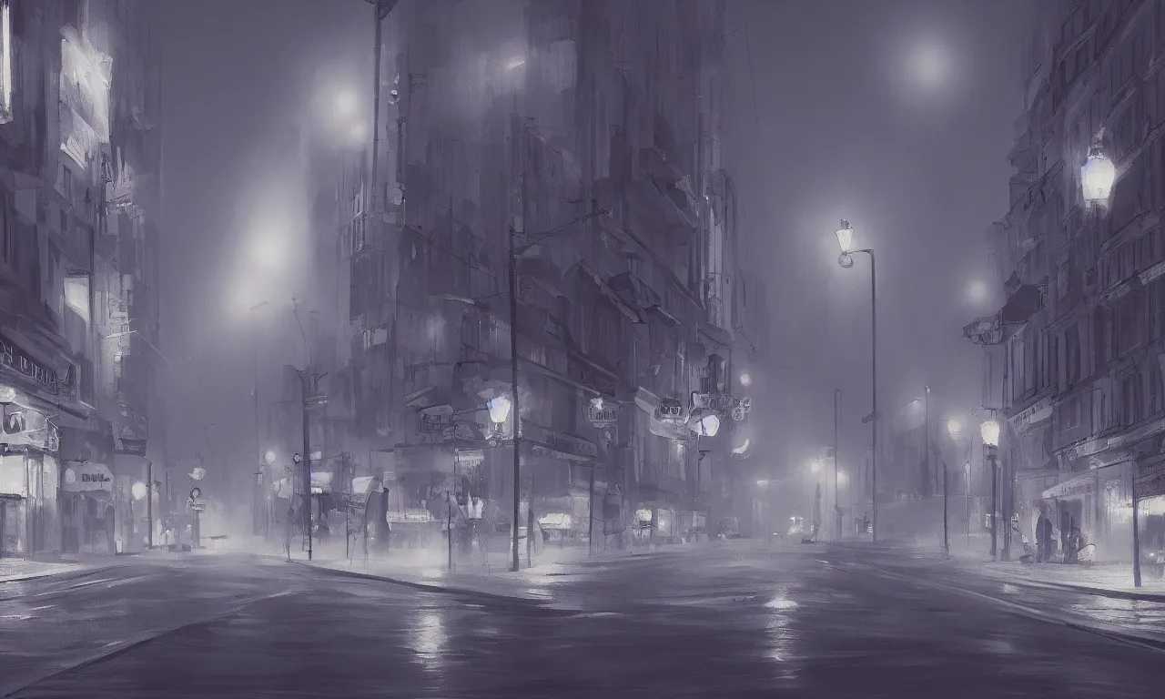 Image similar to Bucharest streets at night with mist and people and neon signs, digital painting, matte, artstation