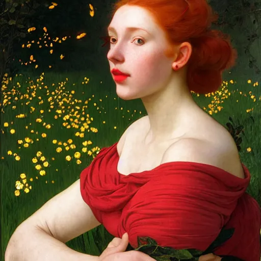 Prompt: a highly detailed portrait of a red haired young woman, among golden fireflies and nature, by night, green eyes, round gentle face, hint of freckles, cheeky smile with red lips, deep focus, smooth, sharp, golden ratio, elegant, digital painting by artemisia lomi gentileschi, caravaggio, artgerm, alphonse mucha