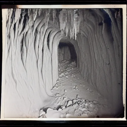 Image similar to a dark glacier cave wit a low ceiling, icicles, deep, dark, creepy, eerie, unsettling, terrifying, old polaroid, expired film, deep,