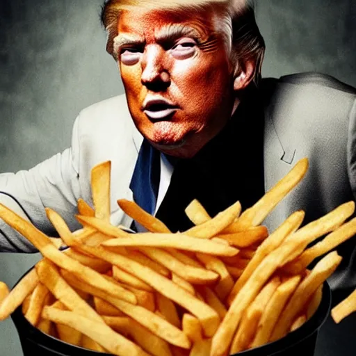 Prompt: Annie leibovitz portrait of Donald Trump, clothed, crying in a bathtub full of French fries