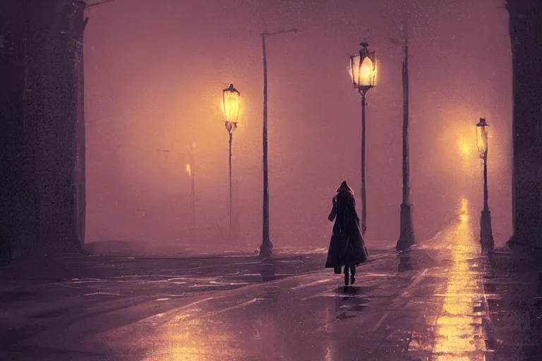 Image similar to lonely road of moscow at night with a single lamp post, 4 k, walking woman with umbrella, artstation, detailed, by greg rutkowski,