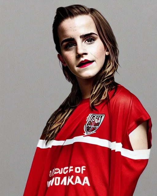 Image similar to a portrait of emma watson wearing lokomotiv football shirt, hyper realistic