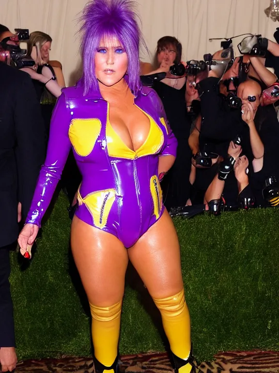 Prompt: sexy 2 5 year old samantha fox wearing very tight translucent purple and gold latex crazy outfit met gala photoshoot