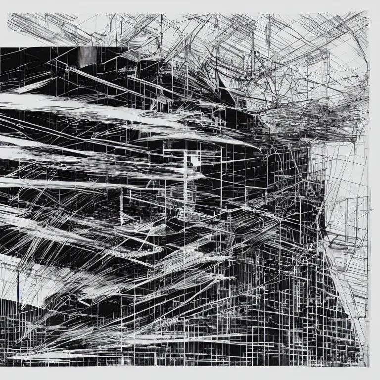 Image similar to a black and white drawing of a architectural elevation by zaha hadid, a screenprint by robert rauschenberg, behance contest winner, deconstructivism, da vinci, constructivism, greeble