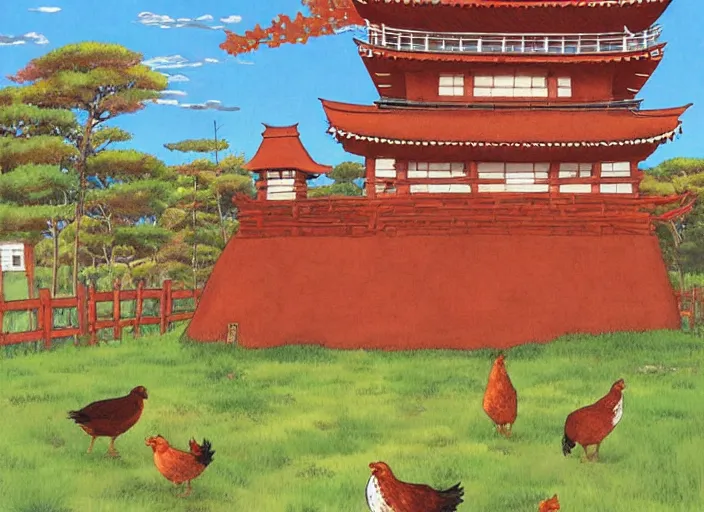 Image similar to big red and brown japanese fort in a meadow with chickens by studio ghibli painting