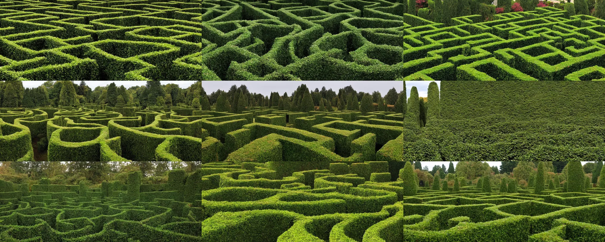 Prompt: panoramic photo of a hedge maze