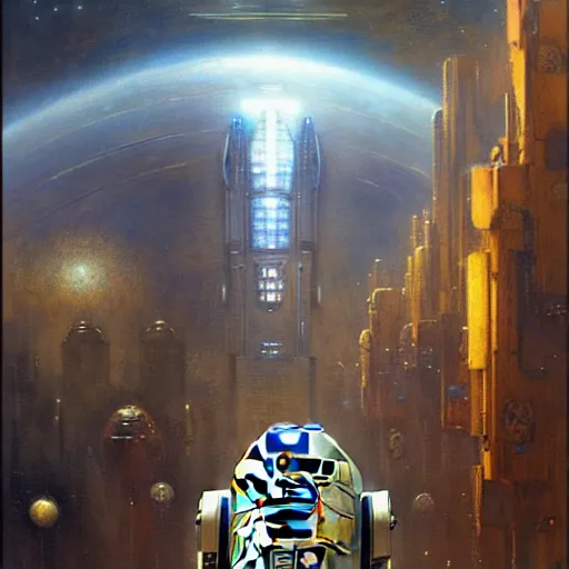 Image similar to portrait r 2 d 2. spaceship futuristic city. shadowrun cyberpunk fantasy d & d painting by gaston bussiere craig mullins jc leyendecker gustav klimt artgerm greg rutkowski john berkey, bergey, craig mullins, ruan jia, raymond swanland, tom lovell