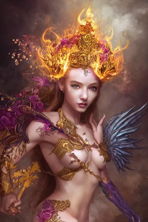 Image similar to beautiful girl sorcerer covered with fire and golden dragon skin, cute fairy girl with crown of flowers in plants bikini covered with celtic rune tattoos, casting magic spell, angel, fantasy, magic the gathering, hyper detailed, 3 d render, hyper realistic detailed portrait, peter mohrbacher, wlop, ruan jia, luis royo