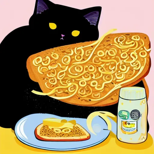 Prompt: obese cat sitting next to a slice of toast with indomie mi goreng noodles on top, traditional artstyle