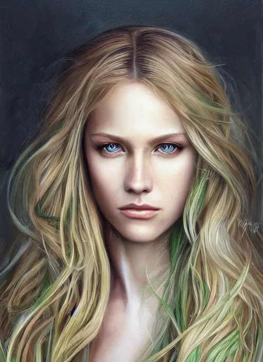 Image similar to a painting of a woman with long blonde hair and green eyes, a photorealistic painting by magali villeneuve, featured on cgsociety, fantasy art, detailed painting, photorealistic