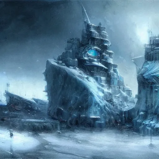Image similar to ice city in 2 0 8 0, antarctica, technology, fantasy, landscape, 4 k, baptiste monge!!!!!!!!!!!!!!!!!!!!!, dark mood!!! overdetailed art