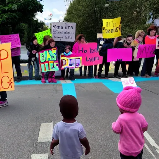 Image similar to babies protesting in front of a daycare center