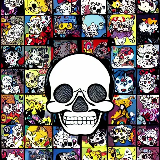 Image similar to portrait painting goofy skull skeleton, hello kitty, comic book, pokemon, highly detailed, art by Singer Sargent and damien hirst