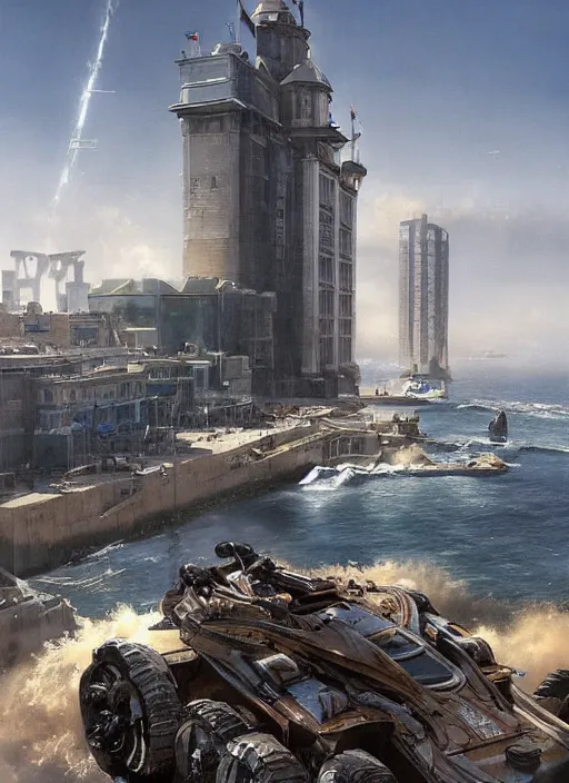 Image similar to hyper realistic robot attacking cape town city harbor beautiful details, strong composition, poster painted by weta studio rutkowski, james gurney and greg rutkowski, and lucasfilm