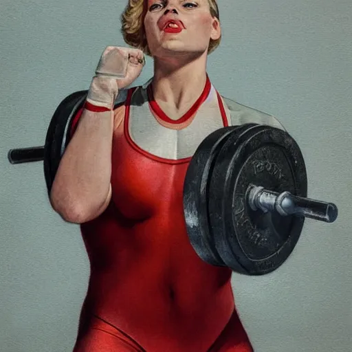 Image similar to socialist realism propaganda poster of margot robbie as beautiful female weightlifter, portrait, profile picture, socialist realism, highly detailed, intricate, digital painting, artstation, sharp focus, illustration, art by jakub rozalski, greg rutkowski, artgerm, tan zi and ayanamikodon and alphonse mucha and wlop