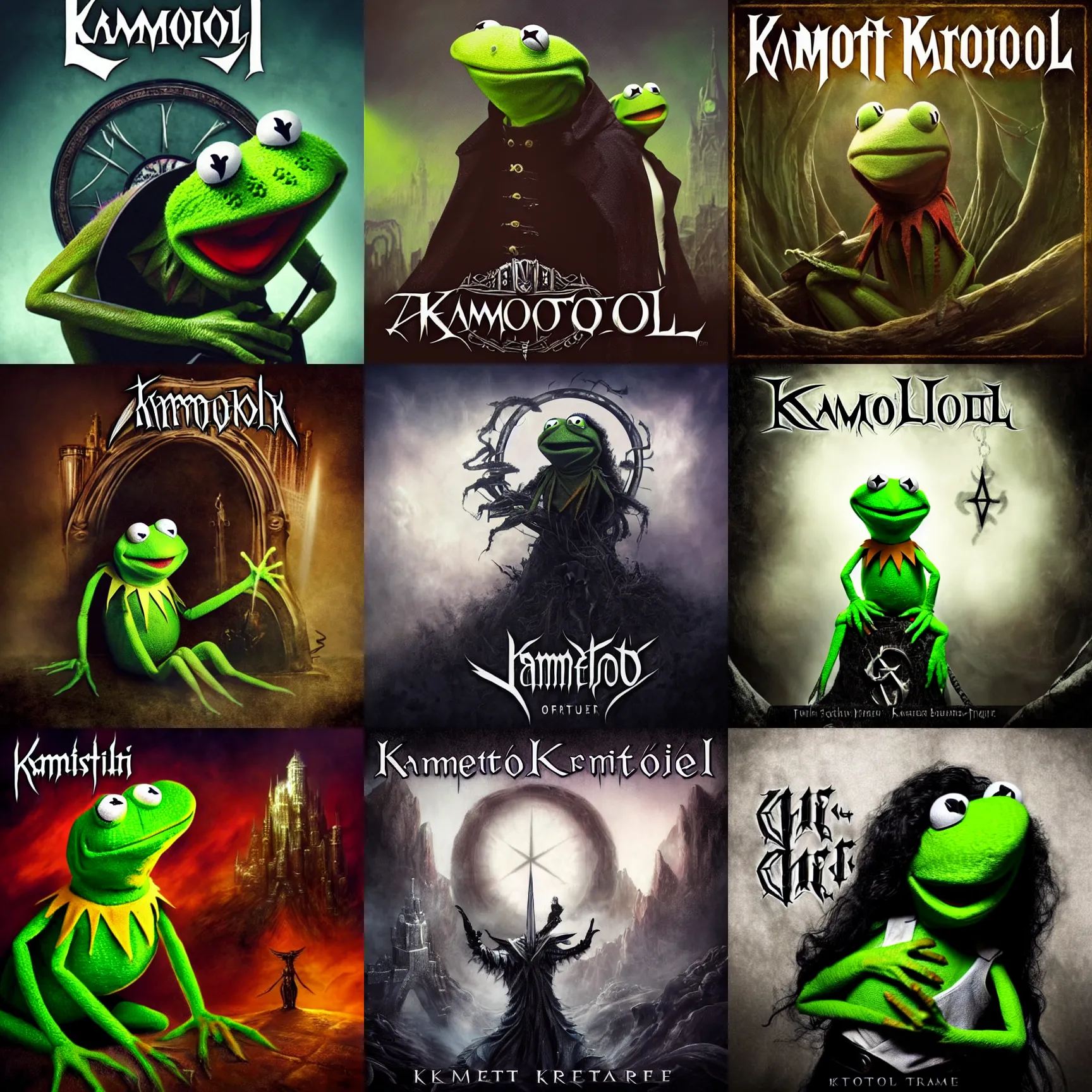 Prompt: kamelot album cover featuring kermit the frog, art by stefan heilemann, power metal album cover, gothic fantasy, trending on artstation