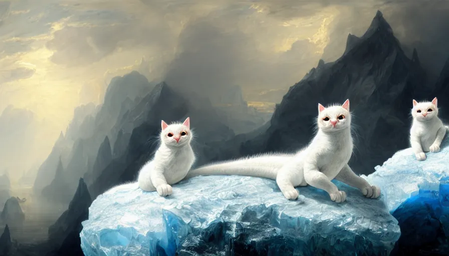 Image similar to highly detailed painting of white cute baby scaled ridge backed dragon cats on a blue and white iceberg by william turner, by greg rutkowski, by william constable, thick brush strokes and visible paint layers, 4 k resolution