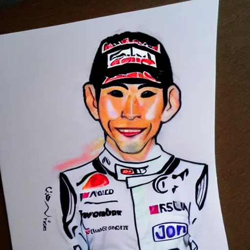 Prompt: a badly drawn picture of f 1 driver yuki tsunoda, caricature!!!, funny, crayon art, bad, beginner art