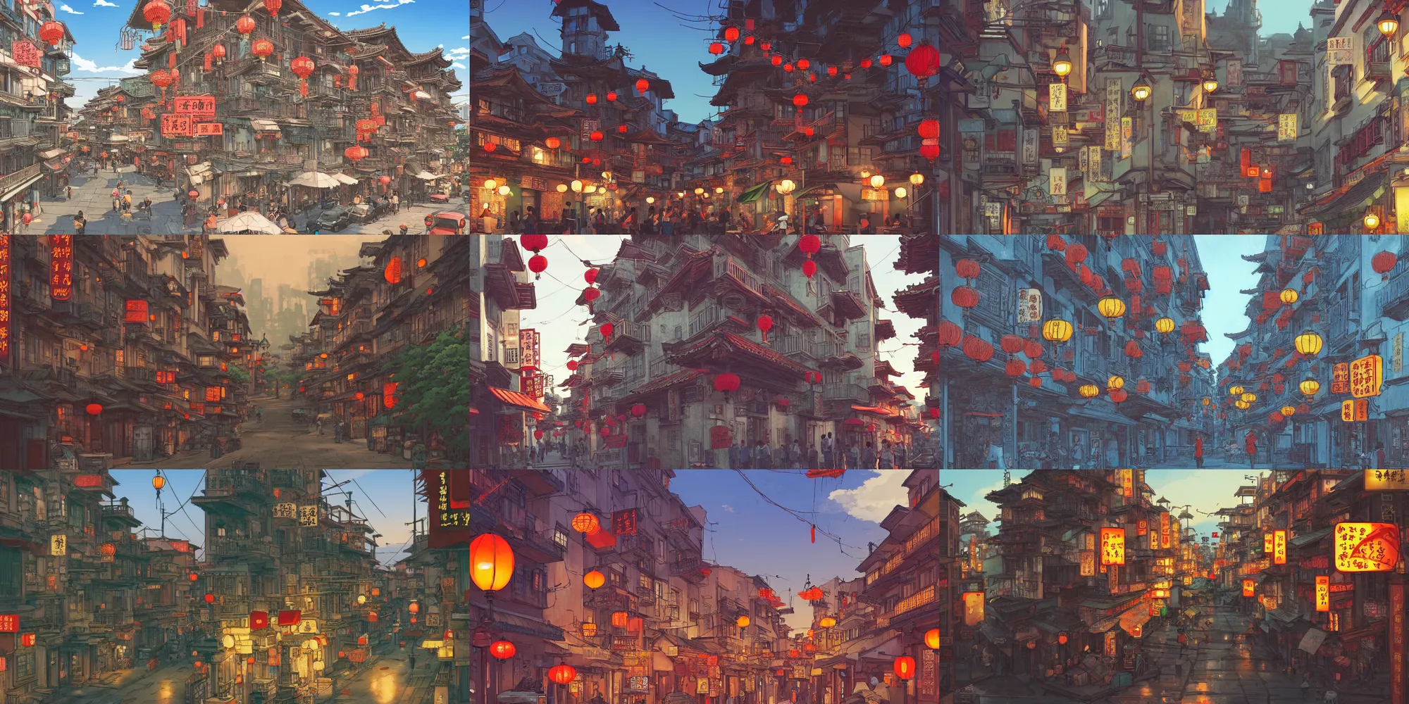 Prompt: old chinatown, urban landscape, evening, highly detailed, low angle view, studio ghibli, artstation