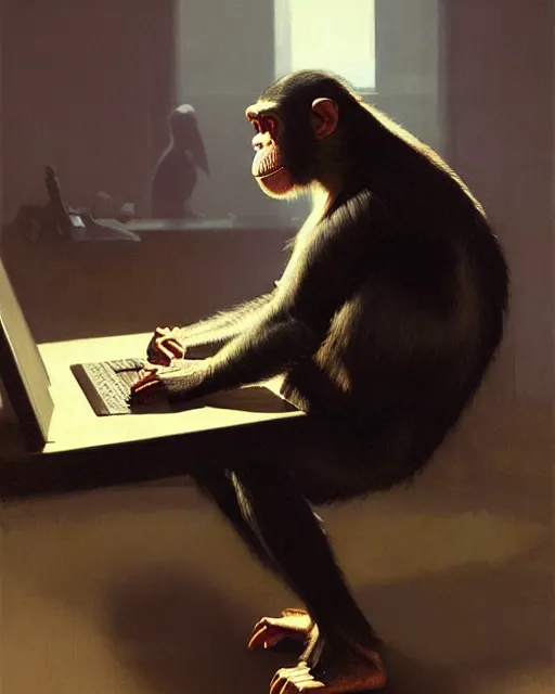 Image similar to cyberpunk chimpanzee cyborg at the computer. art by greg rutkowski, gustave courbet, rosa bonheur, edward hopper. faithfully depicted facial expression, perfect anatomy, sharp focus, global illumination, radiant light, detailed and intricate environment, trending on artstation