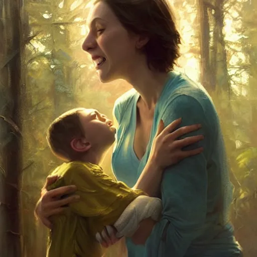 Image similar to epic hyperrealism cinematic masterpiece where a mother appears with her happy son. realistic poster with shaded lighting by craig mallismo, artgerm, jeremy lipkin and michael garmash, unreal engine, radiant light, detailed and complex environment, digital art, art station trends