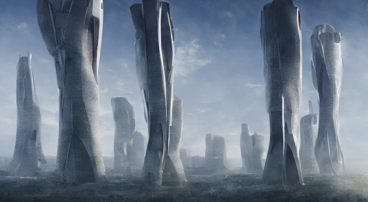 Prompt: a futuristic landscape of a tall tower,