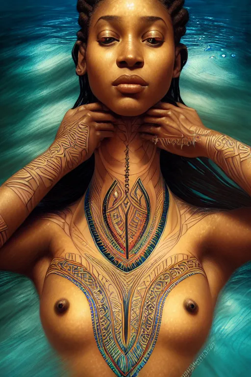 Image similar to body portrait of beautiful nubian ancestral tribal tattooed young pincess, underwater photography full body portrait of a young beautiful woman swimming low angle by terry o'neill intricate, elegant, highly detailed, digital painting, artstation, concept art, smooth, sharp focus, illustration, art by artgerm and greg rutkowski and alphonse mucha, 8 k