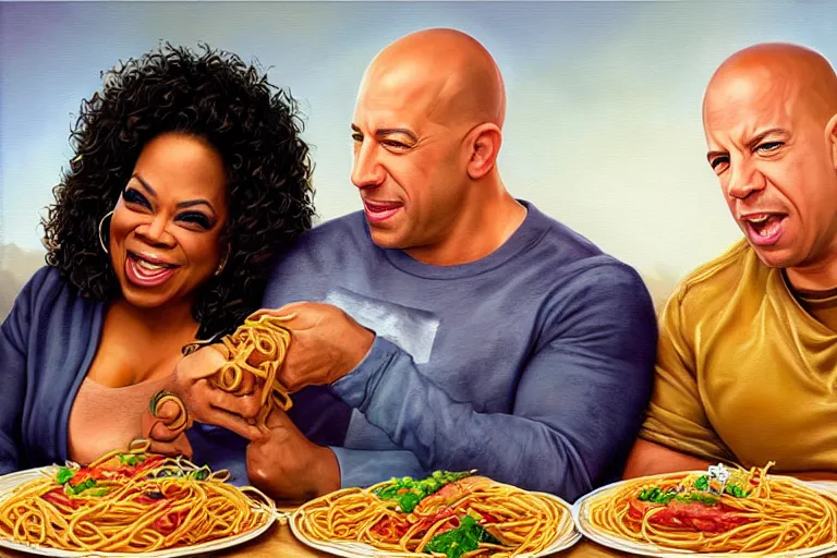 Prompt: portrait of vin diesel and oprah winfrey sharing spaghetti, an oil painting by ross tran and thomas kincade