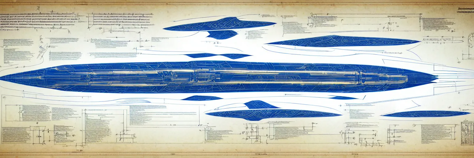 Prompt: blueprint for a sentient starship, technical drawing with annotations and notes in the margins, algorithms and physics equations, concept design by peter mohrbacher and craig mullins and hiroshi yoshida and james jean and frank frazetta and michael whelan and andreas rocha