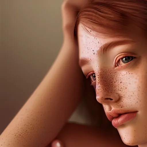 Image similar to portrait of a cute thin young woman, red blush, light freckles, soft smile, casual clothes, relaxing on the couch, home interior, golden hour, close up shot, 8 k, art by irakli nadar, hyperrealism, hyperdetailed, ultra realistic