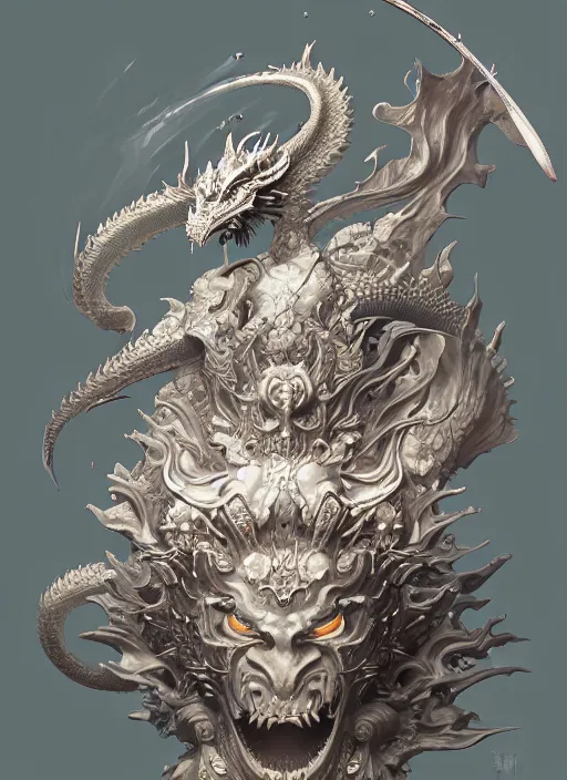 Image similar to subsurface scattering, white, koi, samurai deity with filigree dragon armor, by jesper ejsing, james jean, justin gerard, tomasz alen kopera, cgsociety and fenghua zhong, highly detailed, rim light, cinematic lighting, illustration, art, octane render, very coherent, cinematic, hyper realism, high detail, 8 k