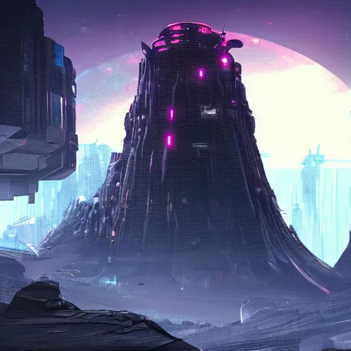 Image similar to The lonely ruined tower on the asteroid in the abyss of space, cyberpunk