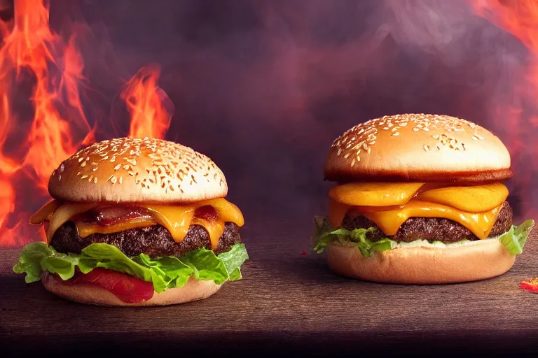 Image similar to mcdonalds hamburger burning to a crisp, commercial photography