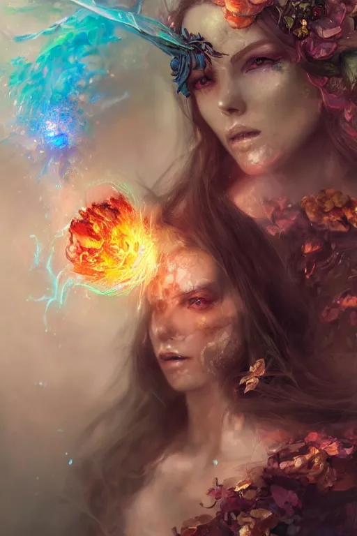 Image similar to face closeup of extremely beautiful girl necromancer, magical fairy exploding into flowers and ice, angels, 3 d render, hyper - realistic detailed portrait, holding fire and electricity rainbow, ruan jia, wlop. scifi, fantasy, magic the gathering, hyper detailed, octane render, concept art, peter mohrbacher