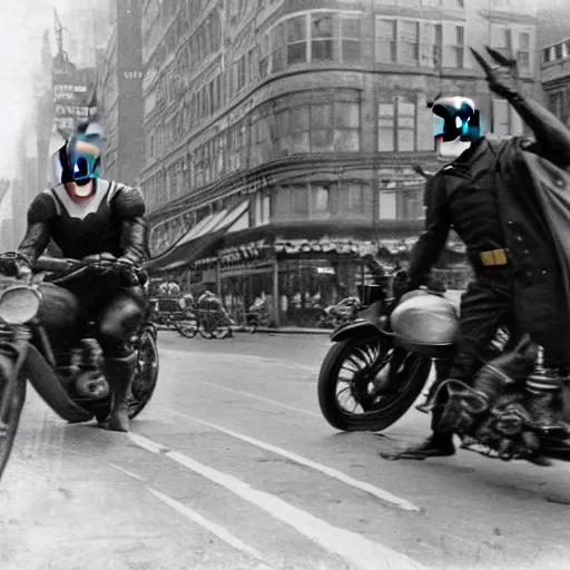 Image similar to old black and white photo, 1 9 1 3, depicting batman on a motorcycle from dark knight racing through the bustling streets of new york city, rule of thirds, three - point perspective, historical record