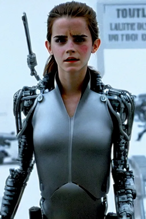 Image similar to a cinematic still of Emma Watson as The T-1000 . Terminator 2 Judgement Day.